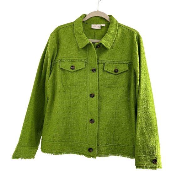 Chicos Green Textured Button-Up Jacket Size 3 Fringe Hem Cotton Western Fringe - Picture 1 of 10
